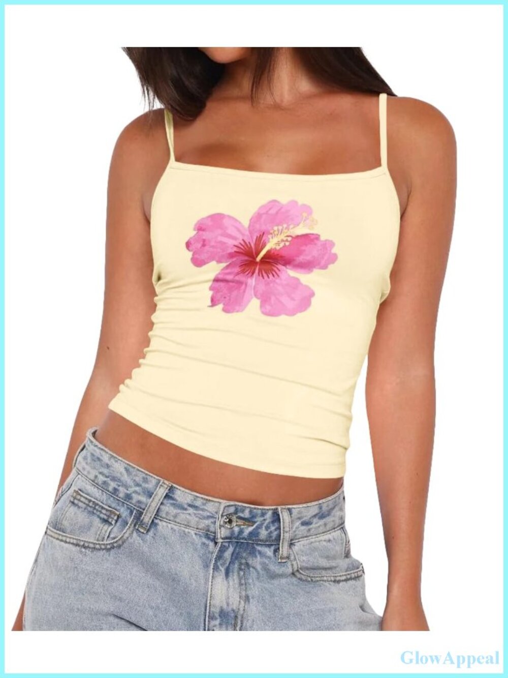Womens Floral Crop Cami Tank Top Spaghetti Strap Square Neck Y2K Summer